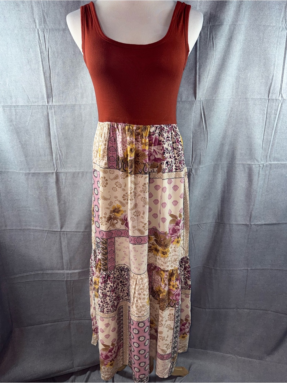 3196-Maurices Rust Tank Maxi Dress with Pink and Cream Patchwork Skirt